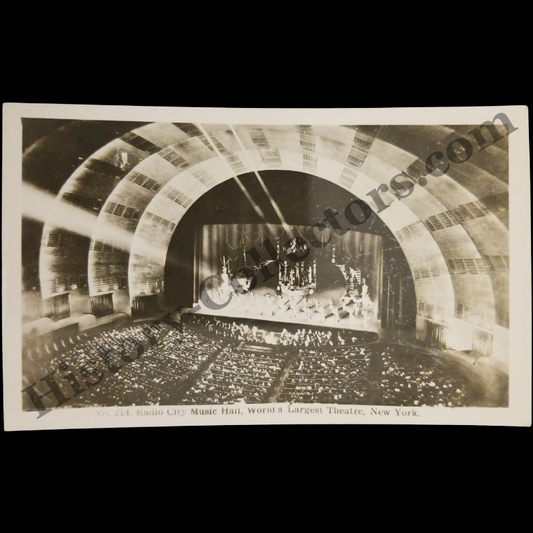 c1940 Radio City Music Hall New York RPPC Real Photo Postcard - Rockettes Live Stage Performance - Holiday Carousel - Orchestra Pit - Kodak Stamp Box - Three-Cent Thomas Jefferson Stamp From The Presidential Series - WWII Era