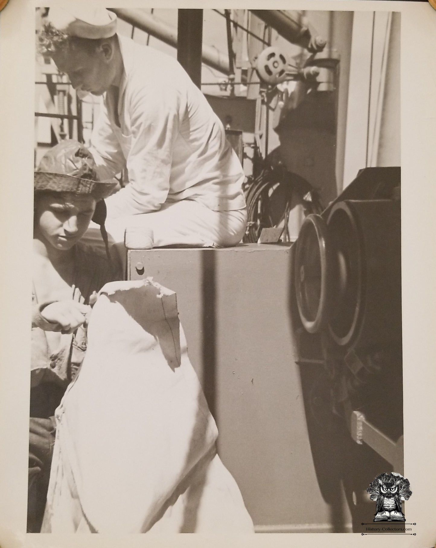 c1940s WWII Era United States Navy USN Sailors Deckhands Repairing Canvas Photograph - 8x10
