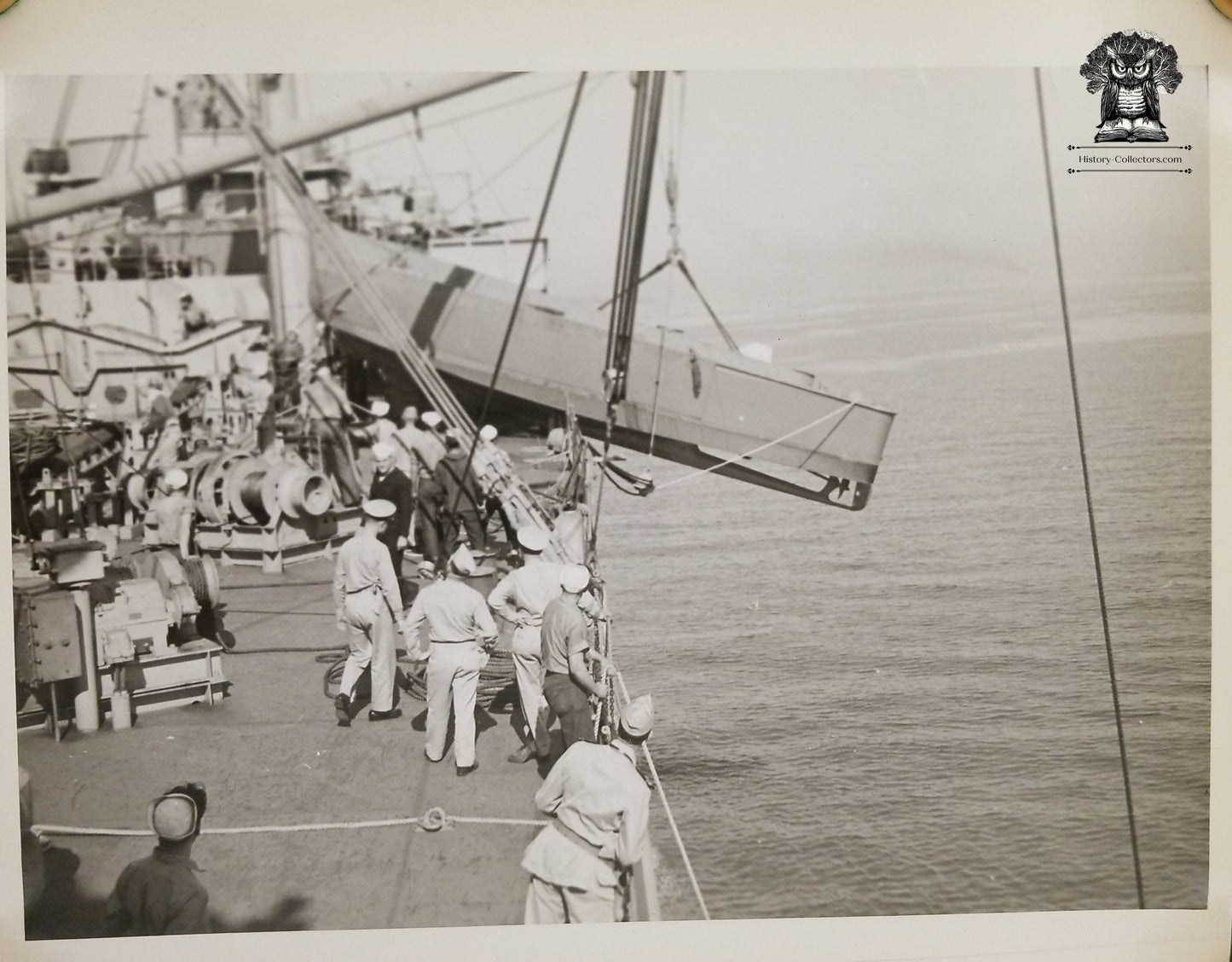 c1940s WWII Era United States Navy USN Warship Launching LCVP Higgins Landing Boat Craft Photograph - Pacific Theater - 10x8