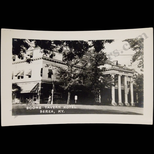 c1945 Boone Tavern Hotel Berea Kentucky RPPC Real Photo Postcard - Patriotic American Flag - Kodak Stamp Box