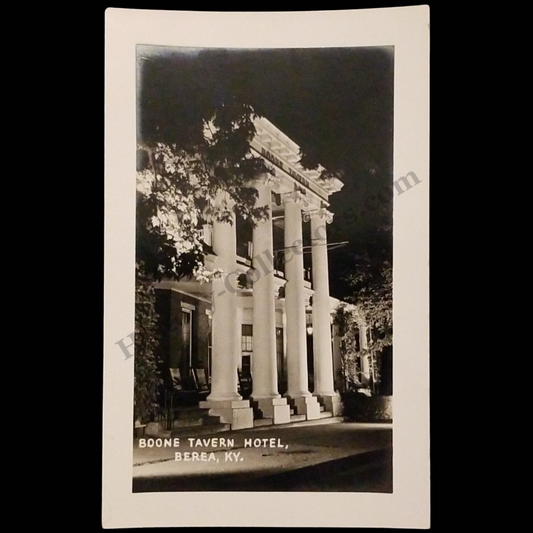 c1945 Main Entrance Of Boone Tavern Hotel Berea Kentucky RPPC Real Photo Postcard - Night Image - Kodak Stamp Box