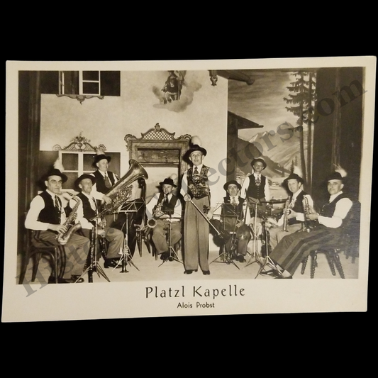 c1945 Platzl Kapelle Alois Probst Bavarian Folk Music Group RPPC Real Photo Postcard - Munich Germany - Aying Brewery - Post WWII Reconstruction