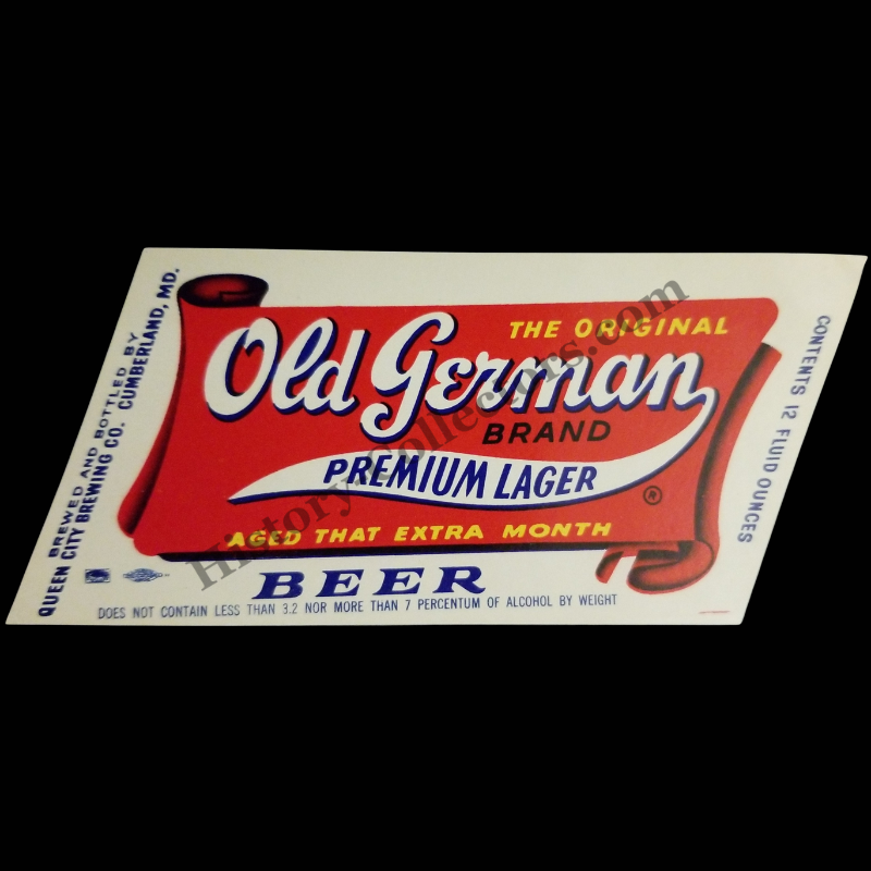 c1960 Old German Lager Beer Bottle Label - Queen City Brewing Maryland - Vietnam War Era