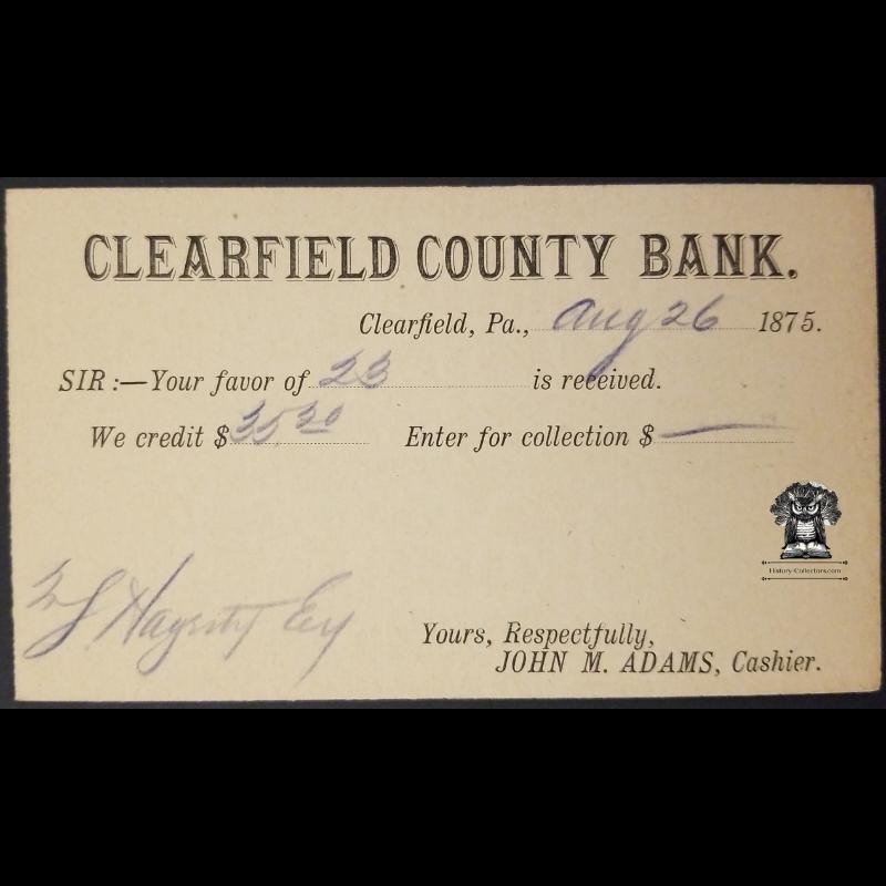 1875 Clearfield County Bank Business Postcard - Hegarty Crossroads PA - One Cent Liberty Postal Card - Scott UX1 UX3 UX3a