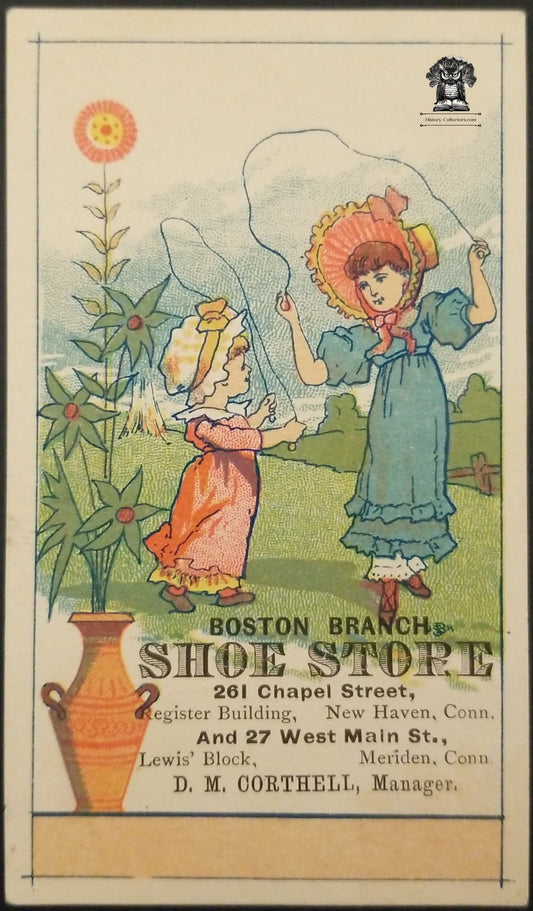 1800s Boston Branch Shoe Store Trade Card Jump Rope - New Haven Meriden CT Girls