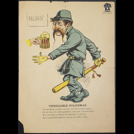 1800s Unreliable Policeman Penny Dreadful Broadside Ballad Vinegar Valentine - Woodblock Engraving Comic Caricature Illustration Print - Hand Colored - Comedy Satire Poem - Saloon Beer