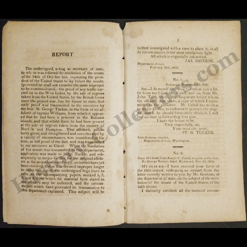 1815 U.S. Senate Pamphlet - Message From President James Madison Transmitting A Report From Acting Secretary Of State - British Removal Of Enslaved People - West Indies Slave Sales - War Of 1812 - March 2 - Ready For Framing