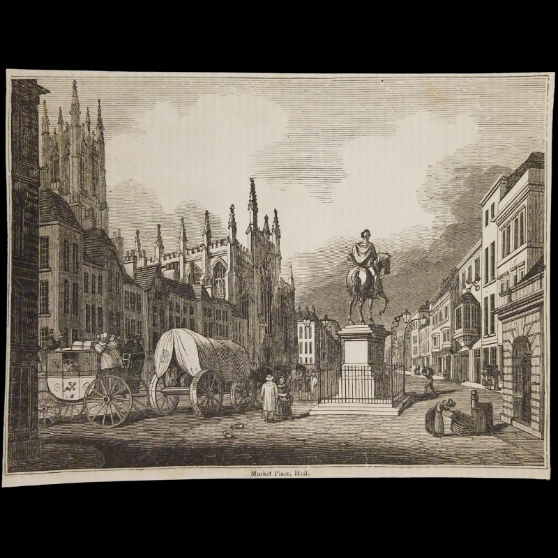 1834 The Market Place In Kingston Upon Hull England Engraving Illustration Print - Equestrian Statue Of King William III - Ready For Framing