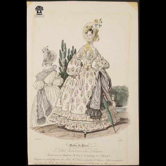 1836 Fashions Of Paris Plate Print - Small Courier Of The Ladies Publication Advertisement Illustration - Hand Colored