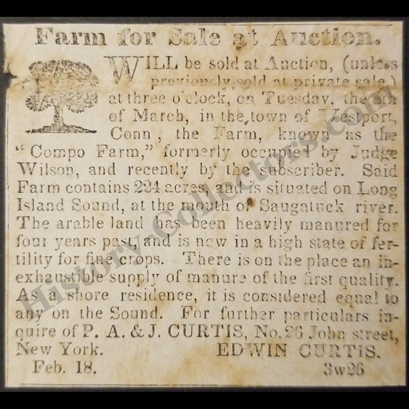 1842 Compo Farm Auction Print Advertisement Clipping | Westport Connecticut | Edwin Curtis | Long Island Sound | Antebellum Era | Ready For Framing