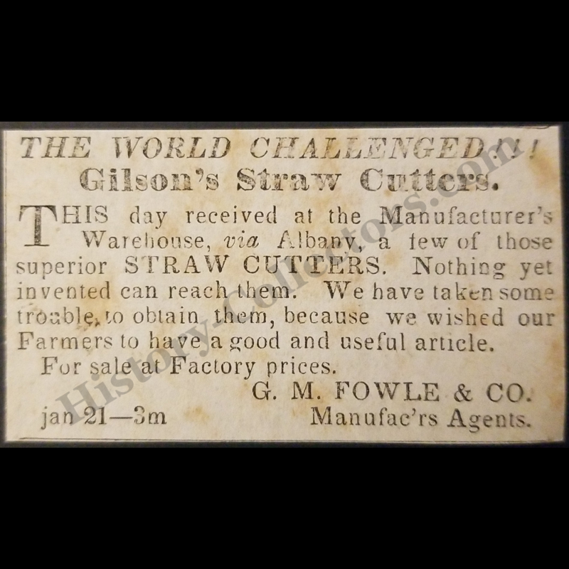 1842 Gilson's Straw Cutter Print Advertisement Clipping | Albany New York | G.M. Fowle & Company | Antebellum Era | Ready For Framin