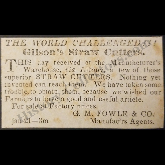 1842 Gilson's Straw Cutter Print Advertisement Clipping | Albany New York | G.M. Fowle & Company | Antebellum Era | Ready For Framin