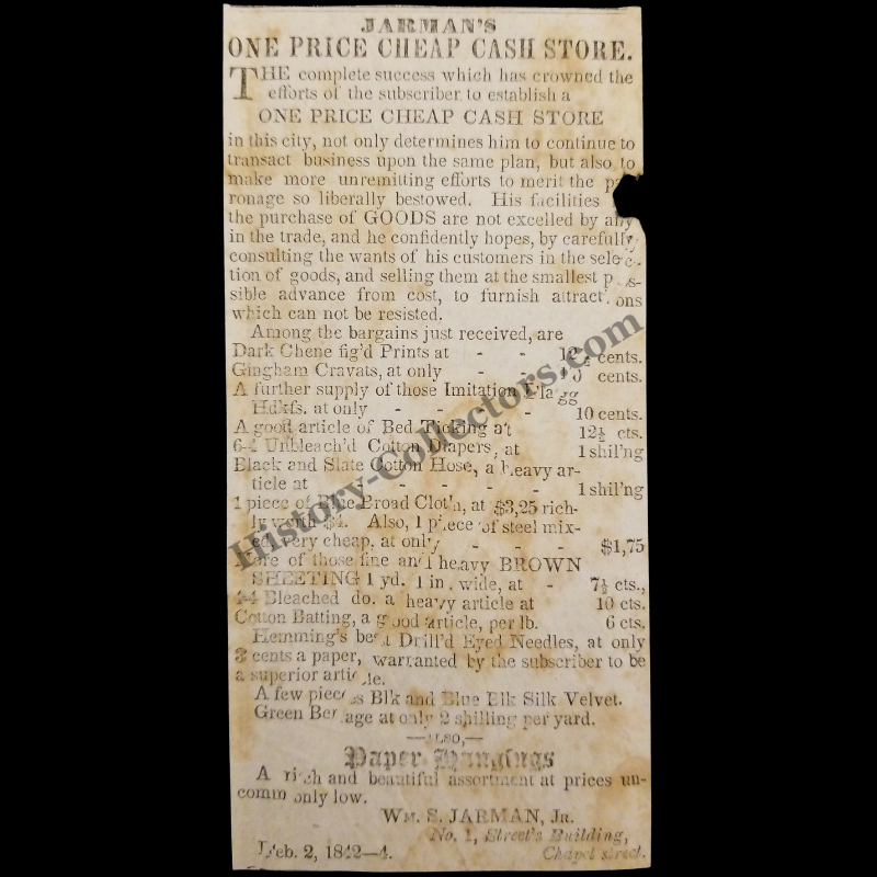 1842 Jarman's One Price Cheap Cash Store Print Advertisement Clipping | New Haven Connecticut | Dry Goods | Antebellum Era | Ready For Framing
