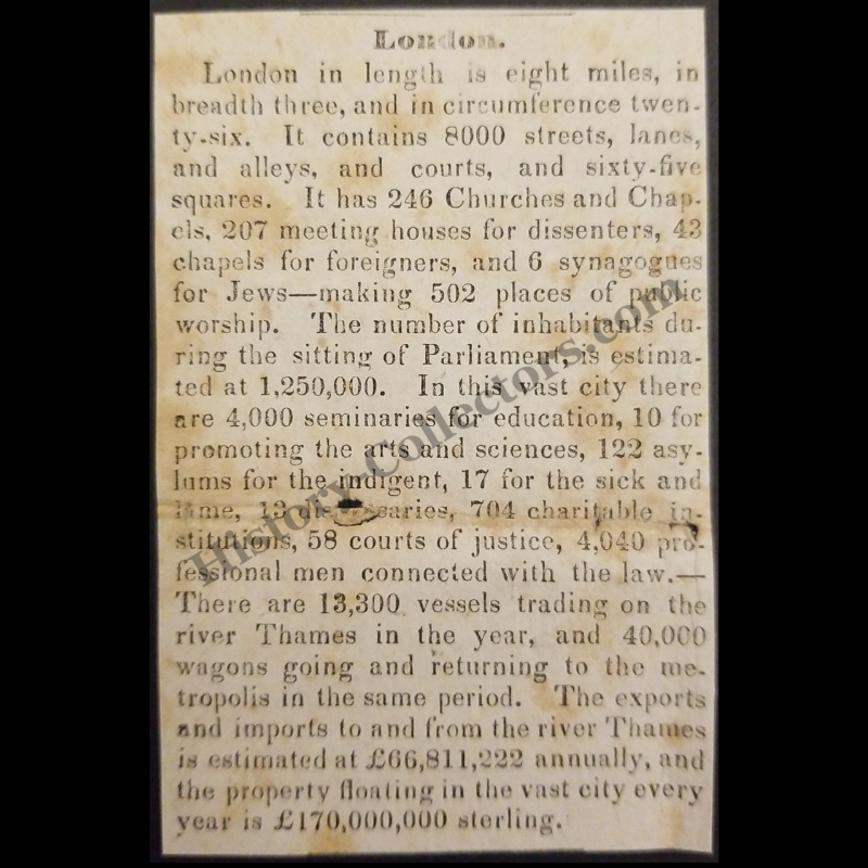 1842 London England Statistical Print Clipping | Urban Demographics | Victorian Era | Ready For Framing