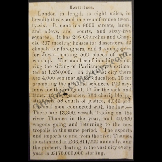 1842 London England Statistical Print Clipping | Urban Demographics | Victorian Era | Ready For Framing