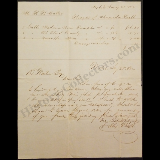 1842 Mobile Alabama Wine Brandy Invoice Correspondence | Greensboro Greene County Alabama | Alexander Pratt | R. B. Waller | January 28 | Antebellum Era | Ready For Framing