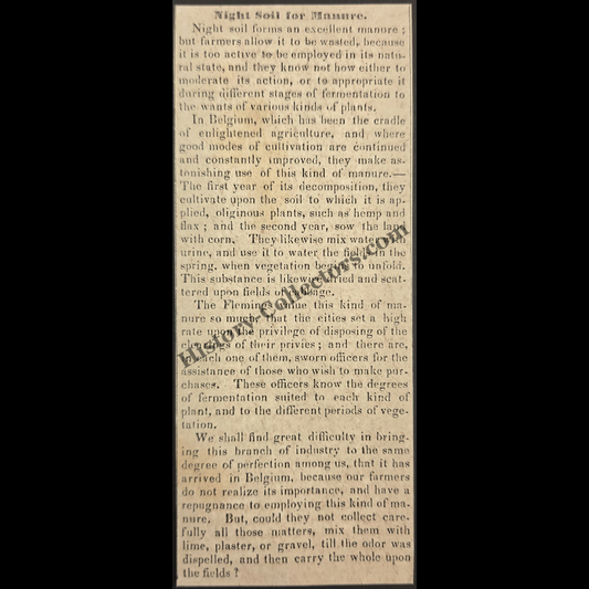 1842 Night Soil For Manure Print Clipping | Agricultural Farming | Human Waste Fertilizer | Antebellum Era | Ready For Framing