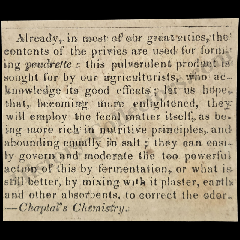 1842 Poudrette Human Waste Fertilizer Print Clipping | Jean-Antoine-Claude Chaptal | Chemistry In Agriculture | Antebellum Era | Ready For Framing