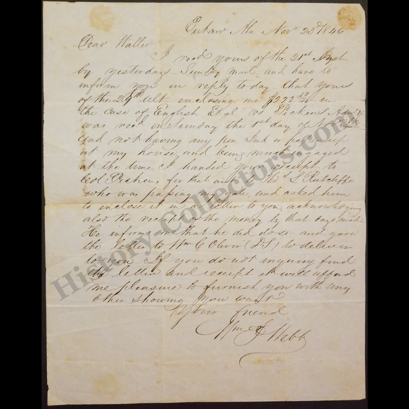 1846 Alabama Antebellum Legal Letter Correspondence | Eutaw Greensboro Greene County Alabama | Attorney William Peter Webb | R. B. Waller | November 23 | Antebellum Era | Ready For Framing