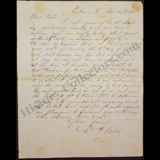 1846 Alabama Antebellum Legal Letter Correspondence | Eutaw Greensboro Greene County Alabama | Attorney William Peter Webb | R. B. Waller | November 23 | Antebellum Era | Ready For Framing