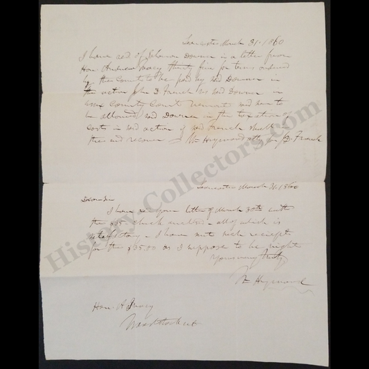 1860 Legal Correspondence Letter - Attorney William Heywood - John F. French - Honorable Andrew Tracy - Solomon Downer - March 31 - Essex County Vermont Litigation - Ready For Framing