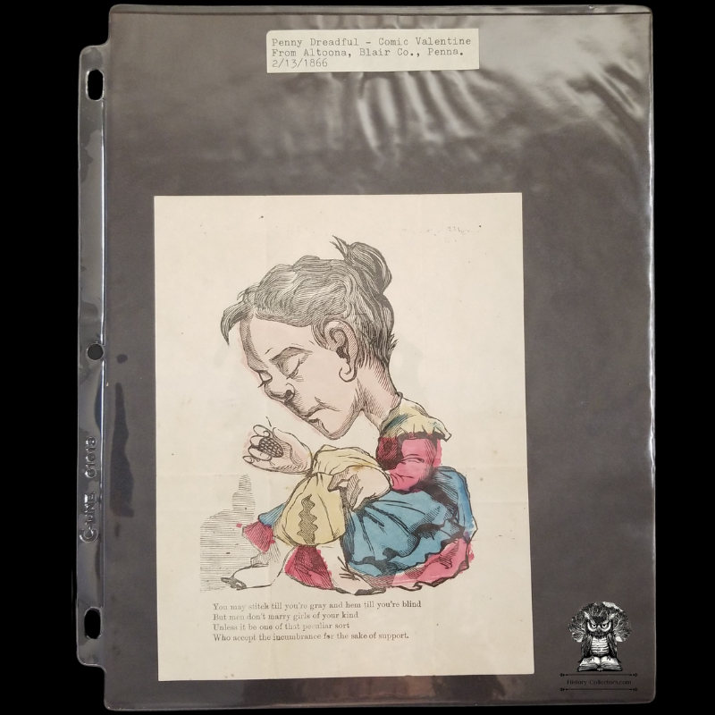 1866 Women's Suffrage Sewing Seamstress - Penny Dreadful Broadside Ballad Vinegar Valentine - Altoona Blair Co PA - Woodblock Engraving Comic Caricature Illustration Print - Hand Colored - Comedy Satire Poem