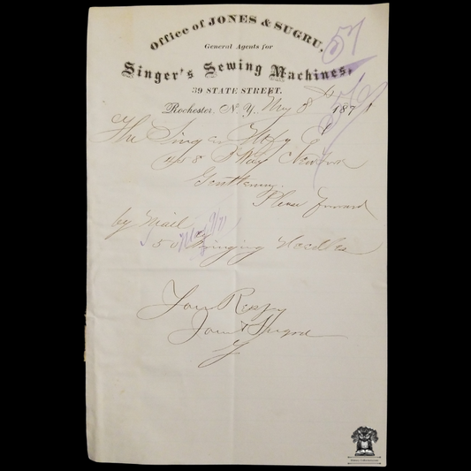 1871 Jones & Sugru General Agents Letterhead - 39 State Street - Rochester NY - Singer's Sewing Machines - Handwritten Order - Sewing Needles