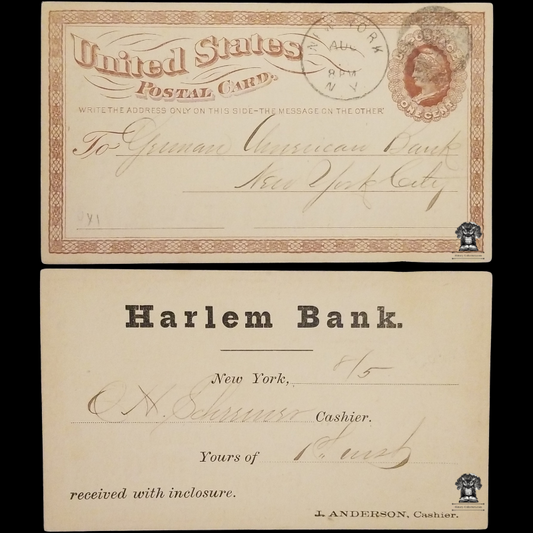 c1873 Harlem Bank New York Postal Card - German American Bank - New York City - One Cent Brown Liberty Head Scott UX1 UX3 - Fancy Hand Postal Cancel August - Postcard