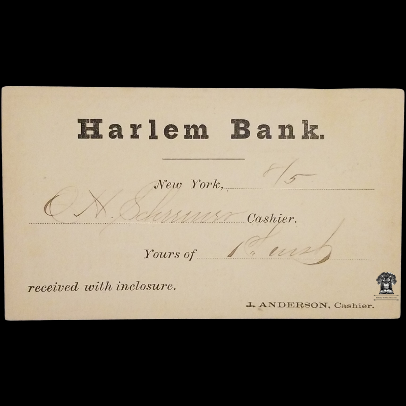 c1873 Harlem Bank New York Postal Card - German American Bank - New York City - One Cent Brown Liberty Head Scott UX1 UX3 - Fancy Hand Postal Cancel August - Postcard