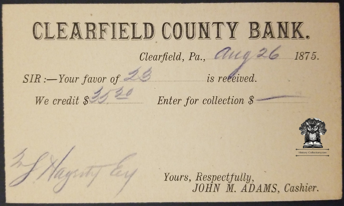 1875 Clearfield County Bank Business Postcard - Hegarty Crossroads PA - One Cent Liberty Postal Card - Scott UX1 UX3 UX3a