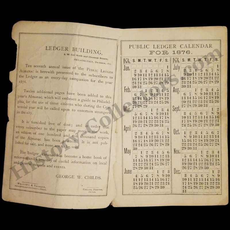 1876 Public Ledger Almanac Philadelphia Centennial Year Newspaper World's Fair
