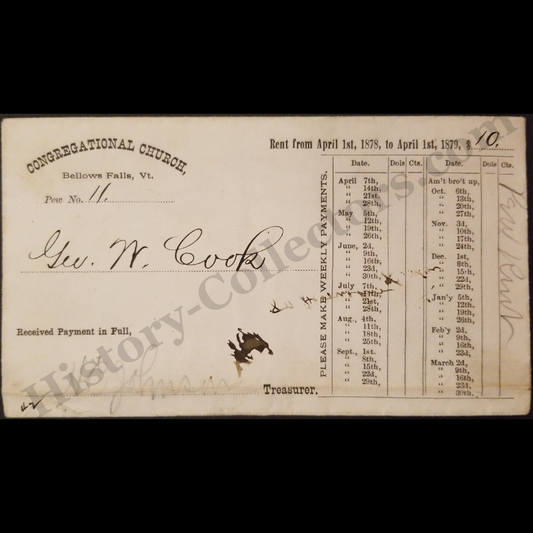 1878 Congregational Church Pew Rent Envelope - Bellows Falls Vermont - George W Cook - HC Johnson - Gilded Age - Ready For Framing