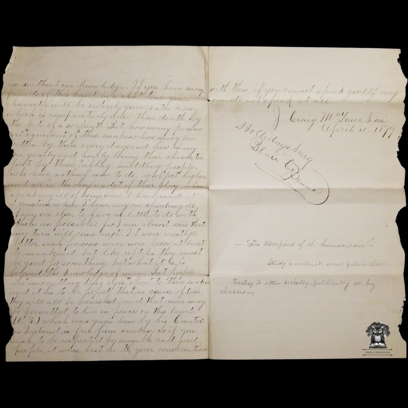 1879 Handwritten Social Commentary Essay "Snakes" - John Craig McLanahan - Hollidaysburg Blair County Pennsylvania