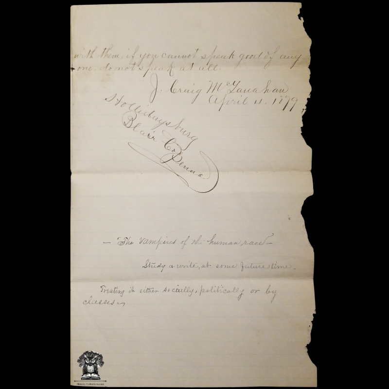 1879 Handwritten Social Commentary Essay "Snakes" - John Craig McLanahan - Hollidaysburg Blair County Pennsylvania