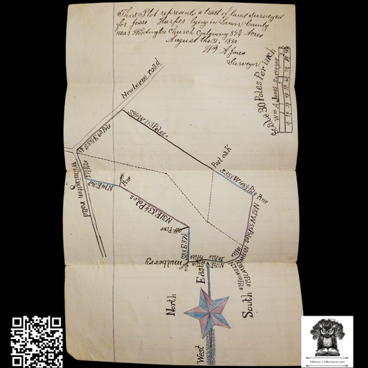 1880 Hand Drawn Survey Plot Map - Woodington Lenoir County North Carolina - Wilmington Road - Newberne Road - Jesse Harper - Surveyor Wm A Jones