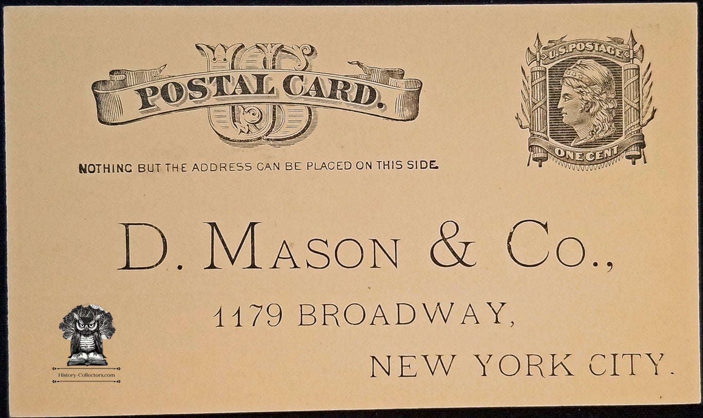 1883 D Mason & Co Advertising Perfection Lace Cabinets Order Form Postcard - 1179 Broadway New York City - One Cent Liberty Postal Card - Scott UX7