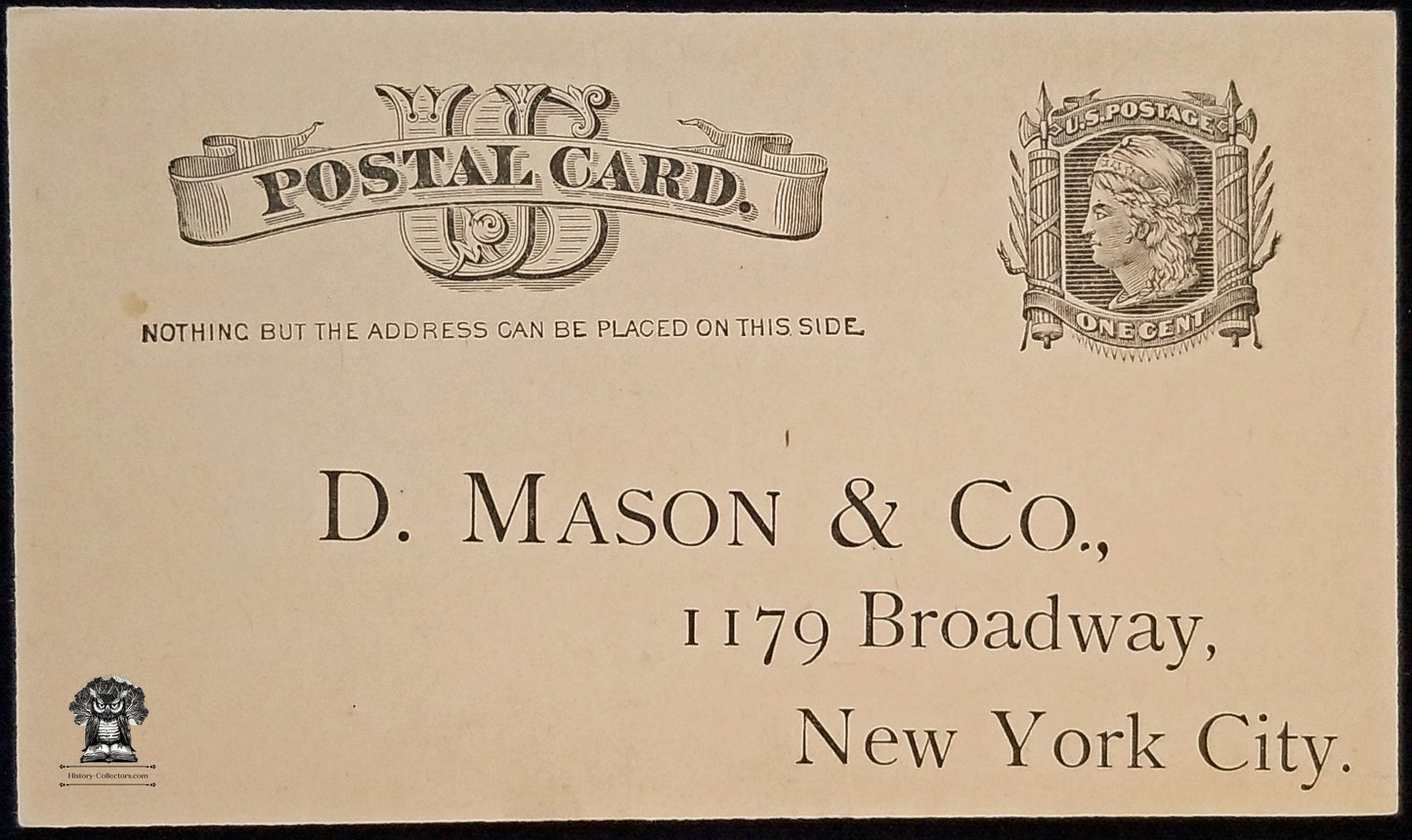 1884 D Mason & Co Advertising Perfection Lace Cabinets Order Form Postcard - 1179 Broadway New York City - One Cent Liberty Postal Card - Scott UX7