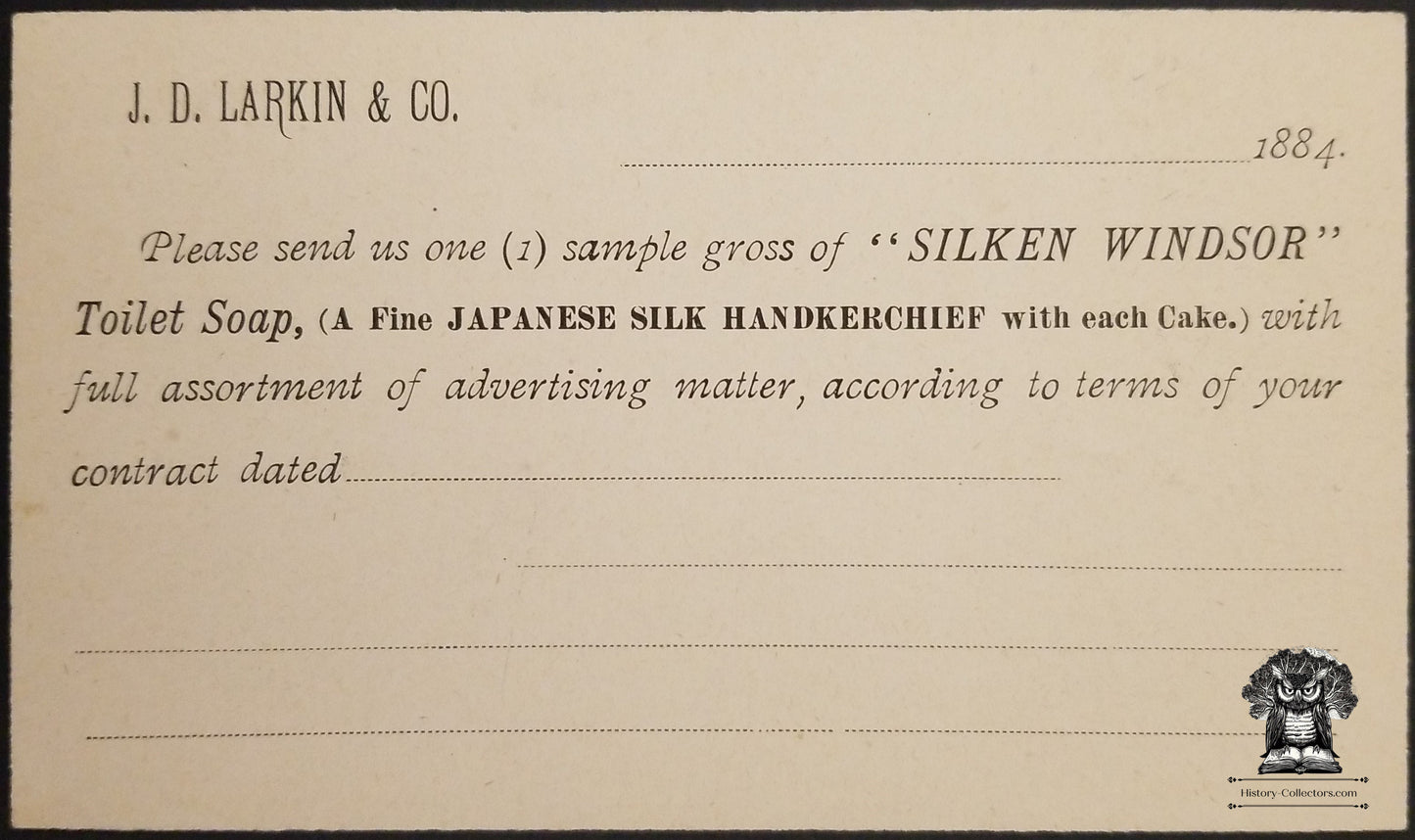 1884 JD Larkin Silken Windsor Toilet Soap Sample Request Advertising Postcard - Buffalo NY - One Cent Liberty Postal Card - Scott UX7