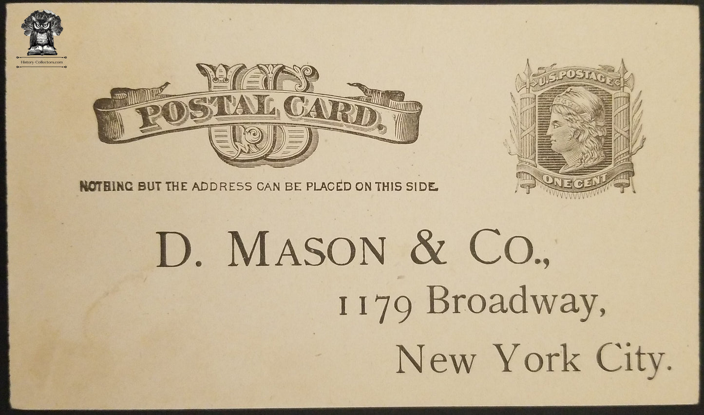 1885 D Mason & Co Advertising Perfection Lace Cabinets Order Form Postcard - 1179 Broadway New York City - One Cent Liberty Postal Card - Scott UX7