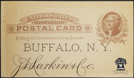 1886 JD Larkin Ideal White Soap Sample Request Advertising Postcard - Buffalo NY - One Cent Jefferson Postal Card - Scott UX8
