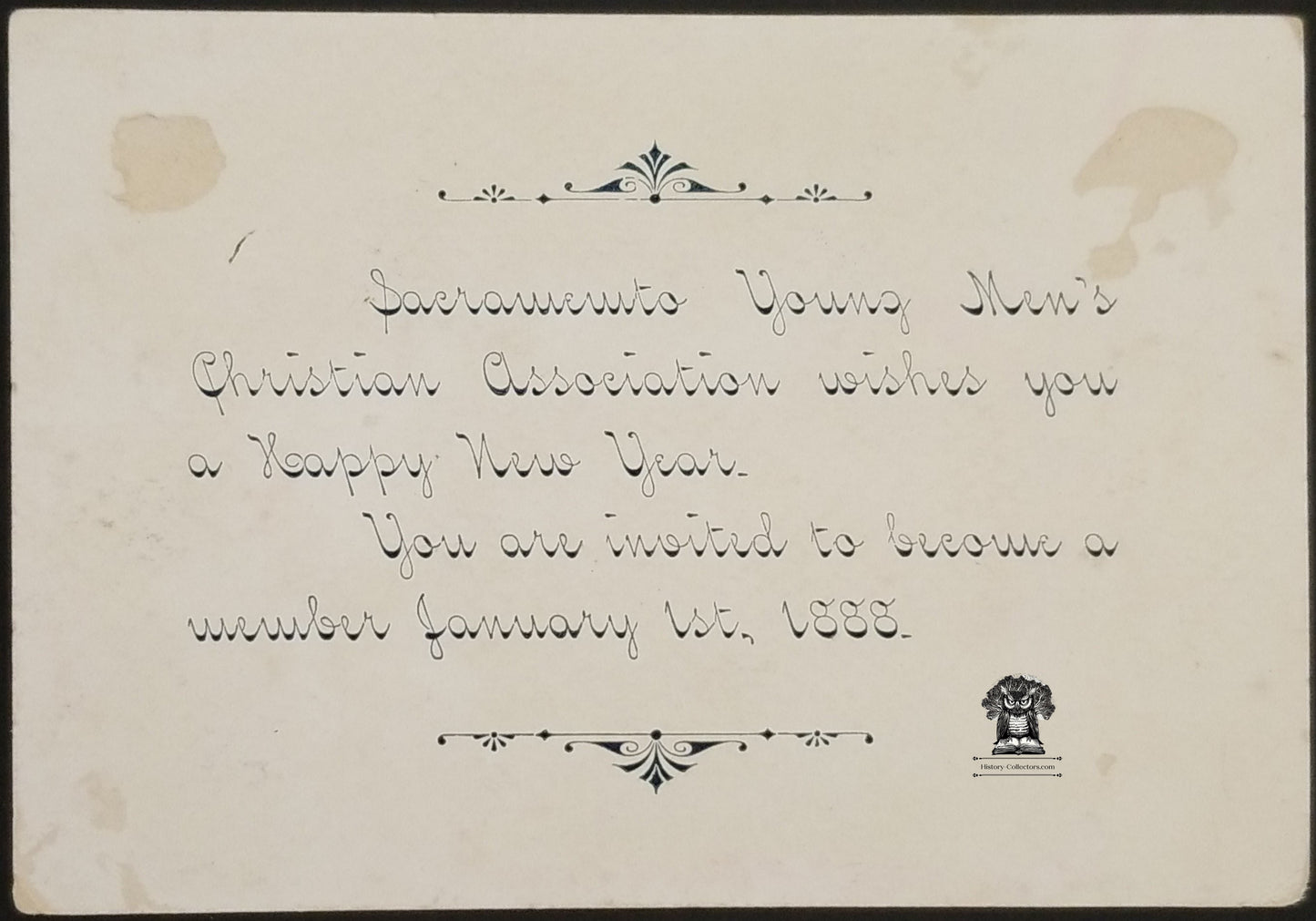 1887 Sacramento CA YMCA Happy New Year Membership Reminder Trade Card