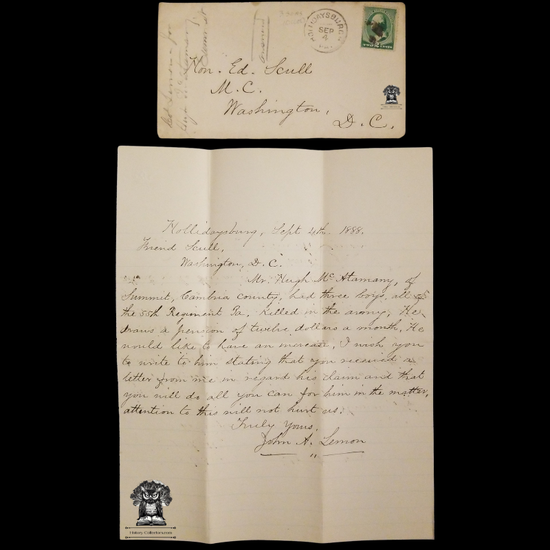 1888 John A Lemon Pennsylvania Republican State Senator Letter To Congressman Edward Scull - Mr Hugh McAtamany (McTamany) Pension Increase Request - Three Sons Killed In Civil War - 55th Pennsylvania Army Infantry Regiment