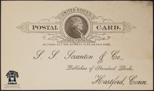 1888 SS Scranton Parsons Laws of Business Advertising Postcard - Hartford CT - One Cent Jefferson Postal Card - Scott UX9