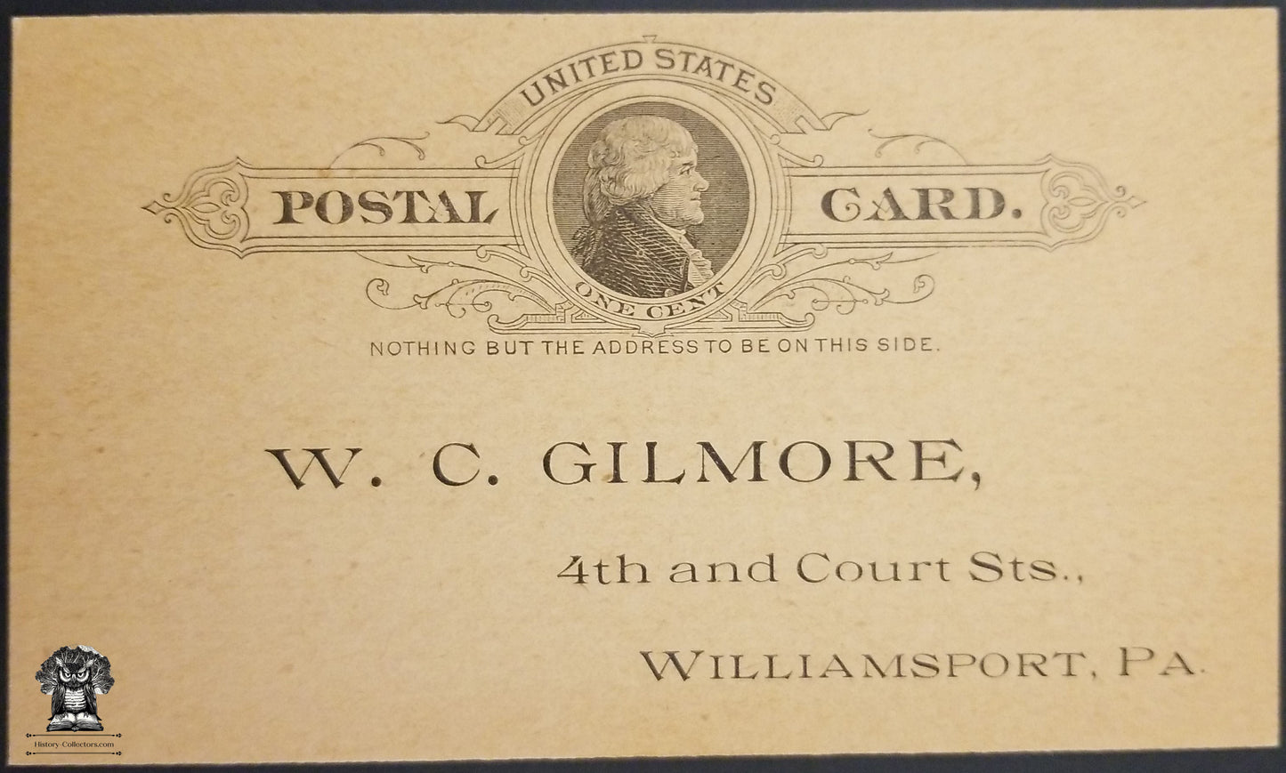 1890 C.P.A.A. LaFayette College Alumni Reunion Postcard - Hepburn House Williamsport PA - One Cent Jefferson Postal Card - Scott UX9 - WC Gilmore
