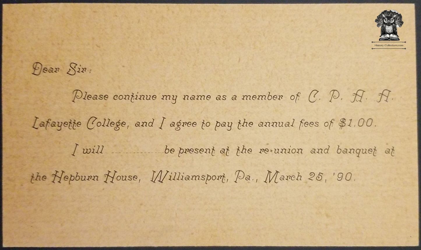 1890 C.P.A.A. LaFayette College Alumni Reunion Postcard - Hepburn House Williamsport PA - One Cent Jefferson Postal Card - Scott UX9 - WC Gilmore