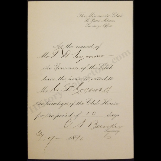 1890 The Minnesota Club Guest Privilege Card - St. Paul - March 17 - Gilded Age - Ready For Framing