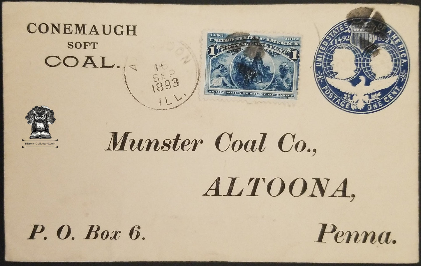 1893 Conemaugh Soft Coal Munster Coal Co - Altoona PA Postal Cover Envelope Cancel