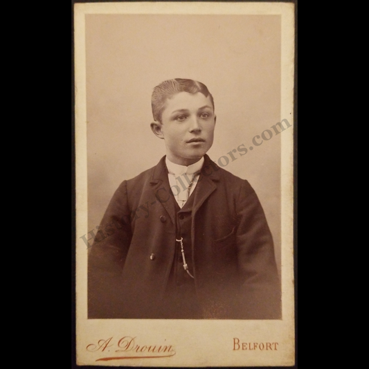 1893 Young Male Professional Portrait Cabinet Card Photograph - Photographer A. Drouin - Belfort France - Unidentified - Gilded Progressive Era - Ready For Framing
