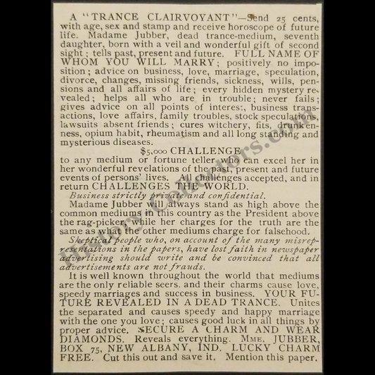 1894 Madame Jubber Mystic Trance Clairvoyant Print Advertisement Clipping - New Albany Indiana - Gilded Age - Mail-Order Spiritual Advisor - Ready For Framing