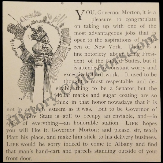 1894 Life Magazine Political Editorial Satirical Illustration Print Clipping - New York Governor Levi P. Morton - Gilded Age - Ready For Framing